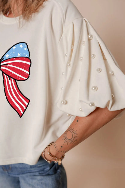 Bowknot Graphic Pearl Puff Half Sleeve T Shirt  DAME BOHEME