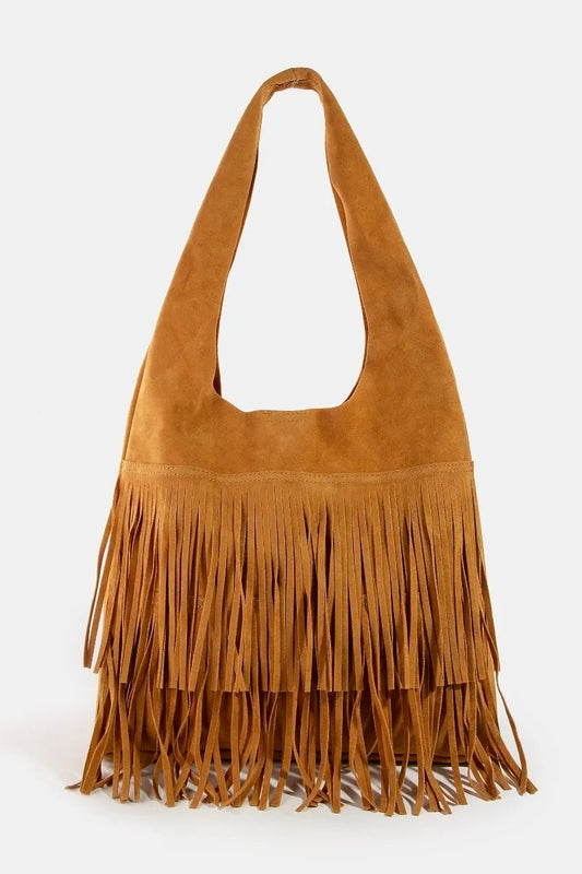 Fame Layered Fringe Detail Suede Hobo Bag  DAME BOHEME