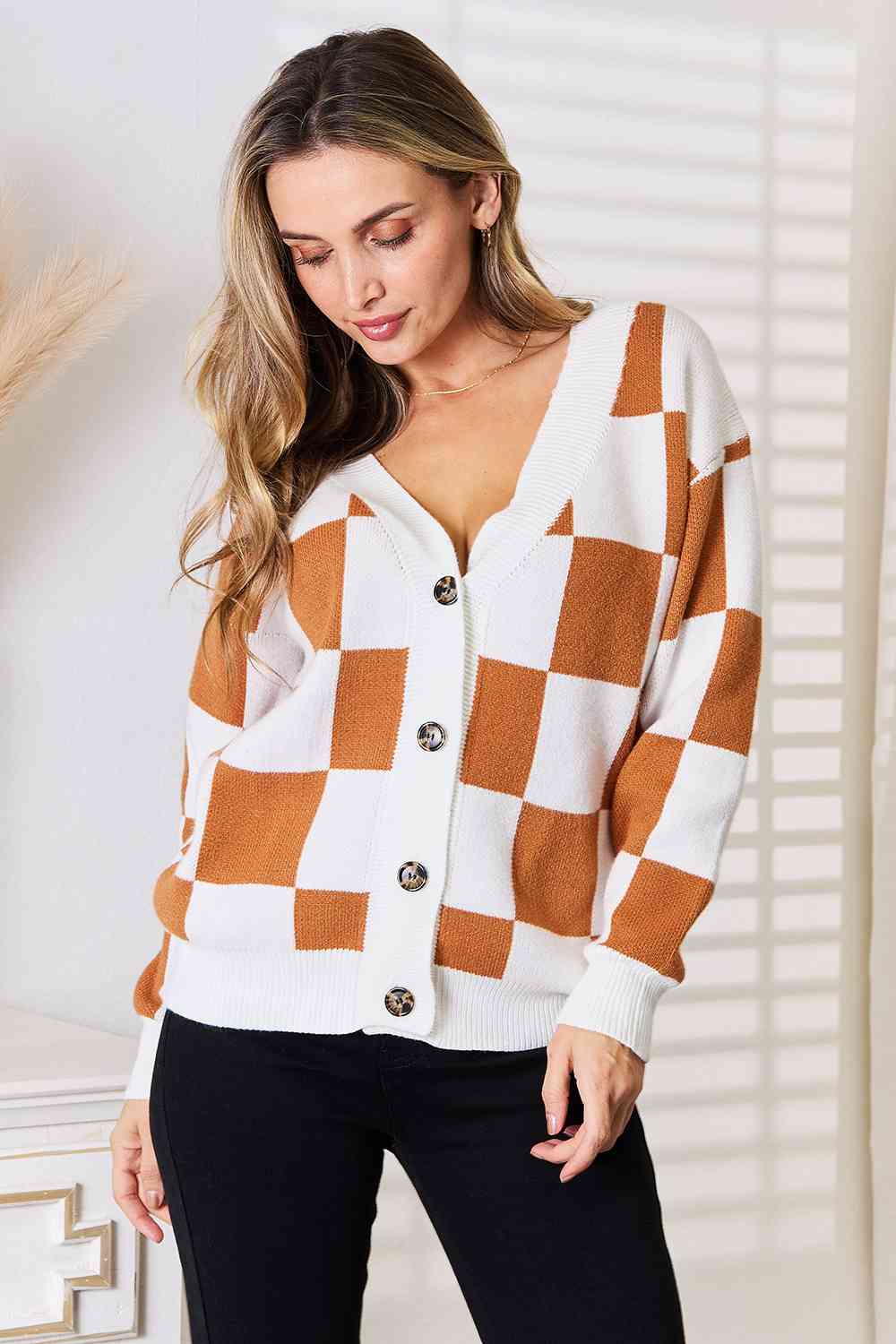 Double Take Button-Up V-Neck Dropped Shoulder Cardigan  DAME BOHEME
