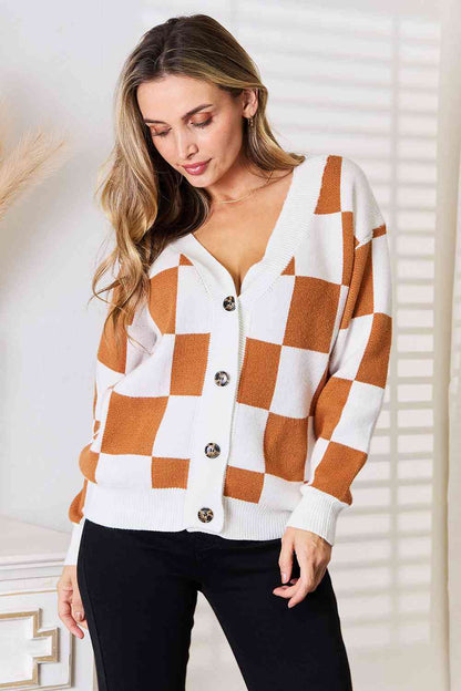 Double Take Button-Up V-Neck Dropped Shoulder Cardigan  DAME BOHEME