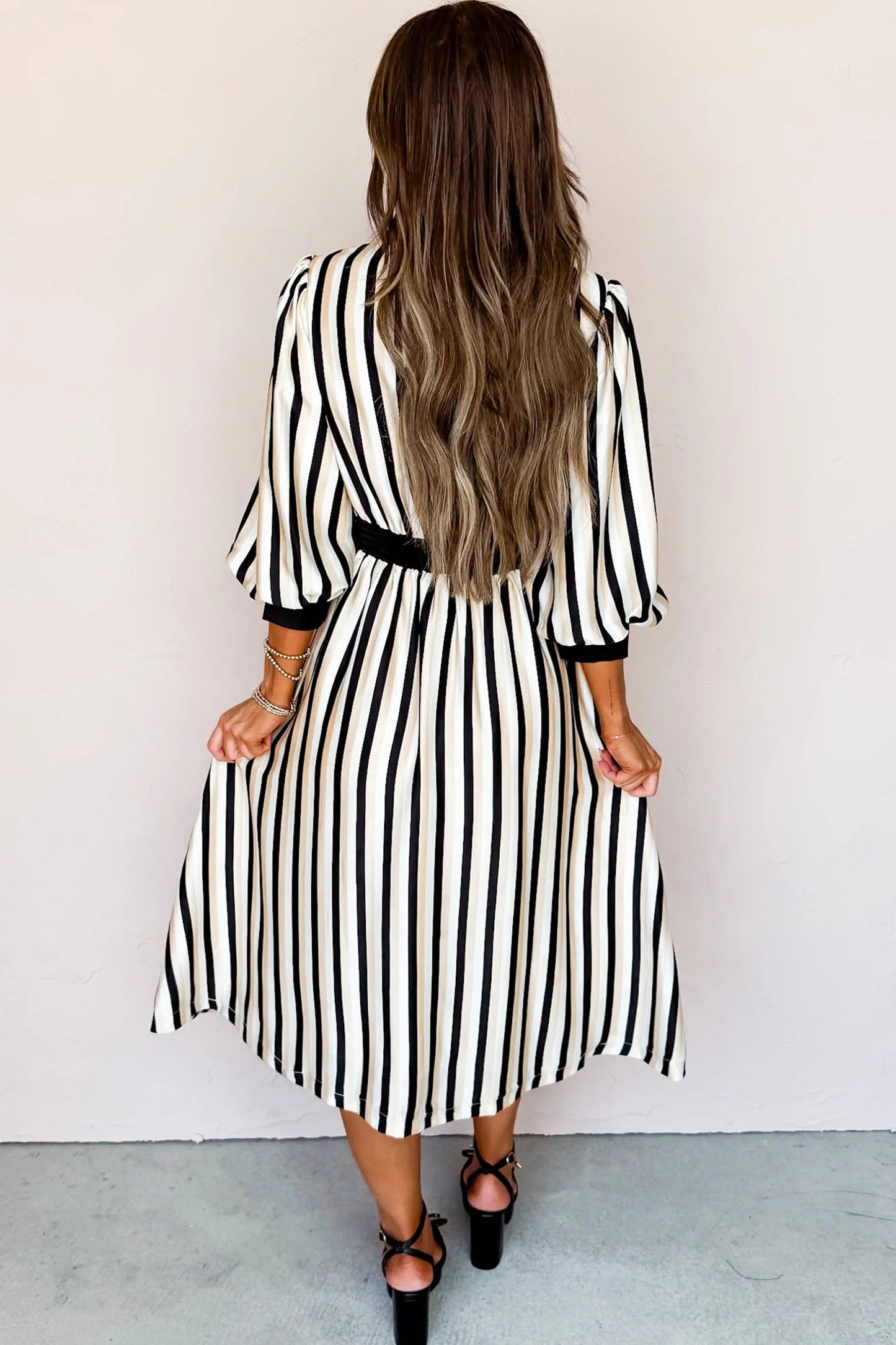 Black Stripe 3/4 Puff Sleeve Shirt Style Button Down Midi Dress  DAME BOHEME