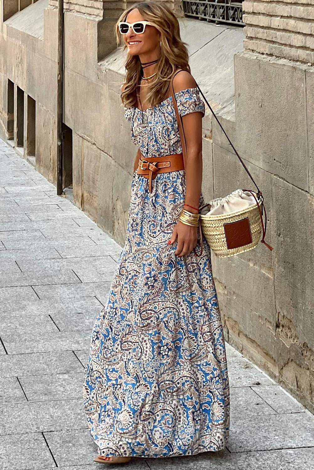 Blue Boho Paisley Print Off Shoulder Maxi Dress  DAME BOHEME