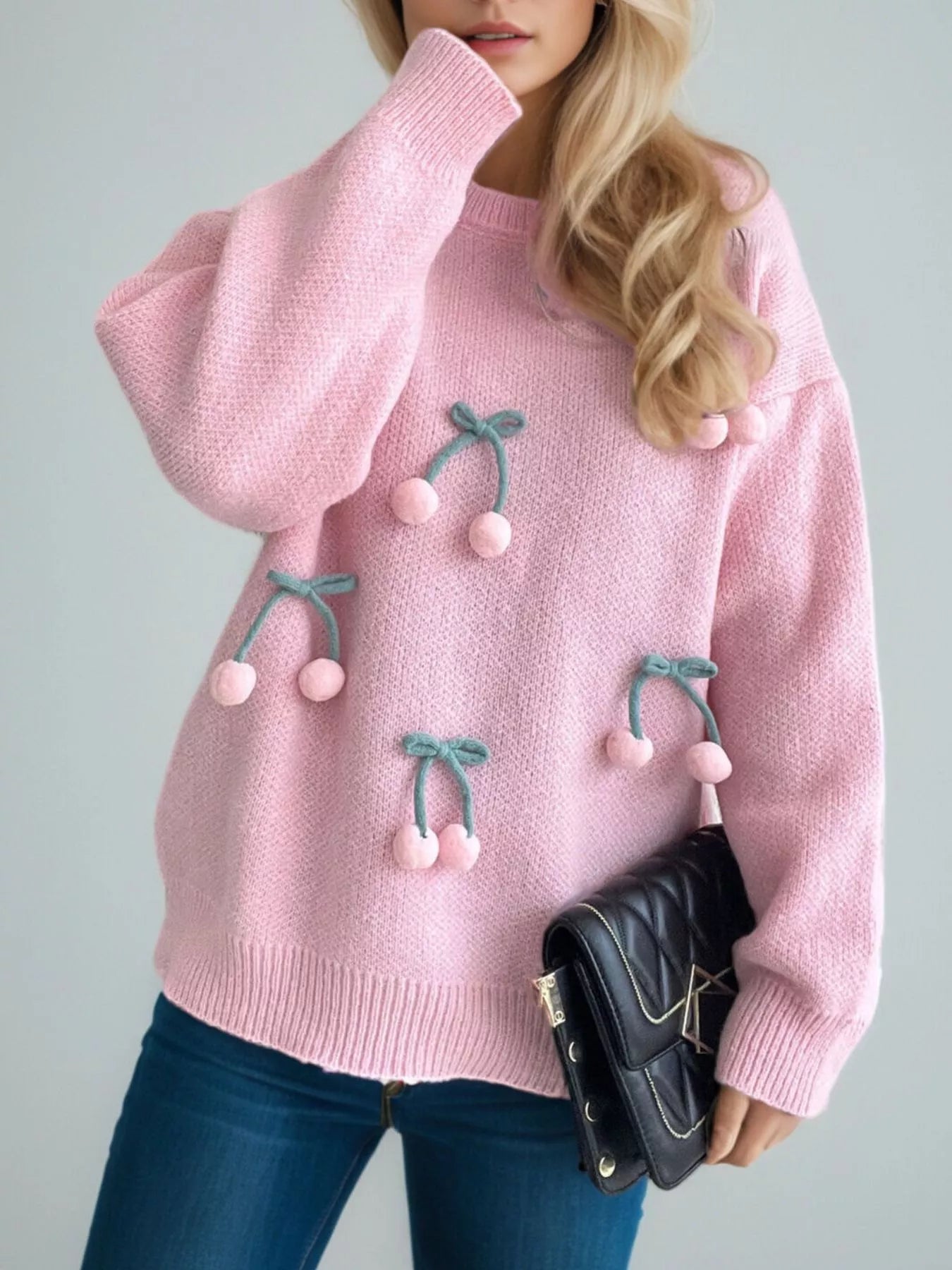 Cherry Pom-Pom Knit Round Neck Sweater  DAME BOHEME