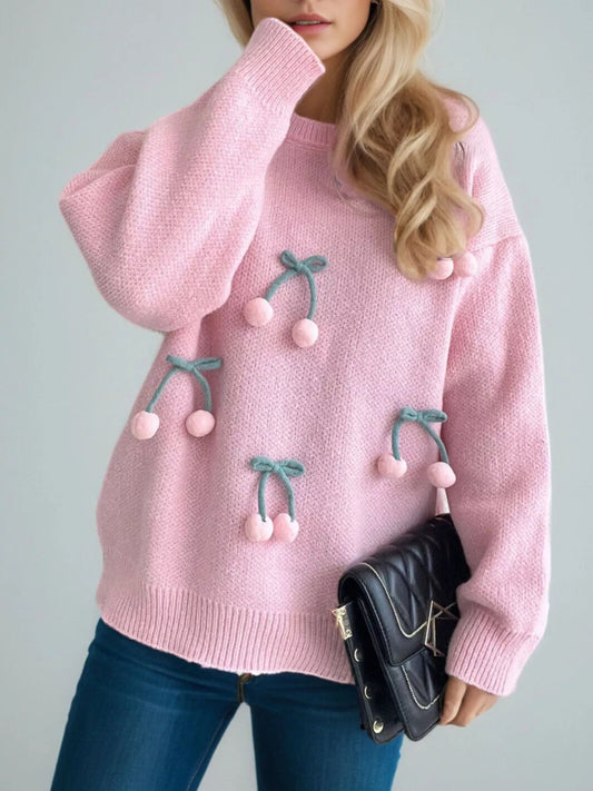 Cherry Pom-Pom Knit Round Neck Sweater  DAME BOHEME