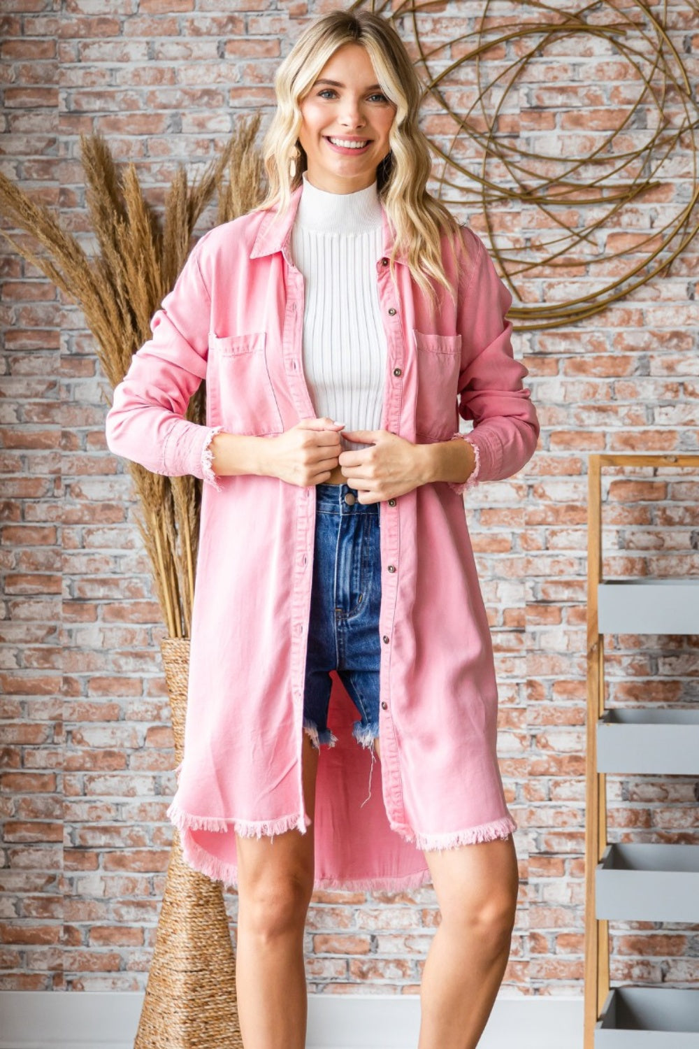 Veveret Knee Length Button-Up Pink Tencel Shirt Dress Trendsi