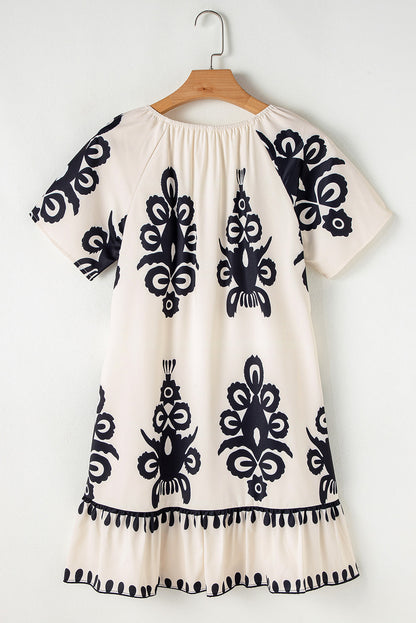 Apricot Ethnic Print Ruffle Hem Loose Mini Dress  DAME BOHEME