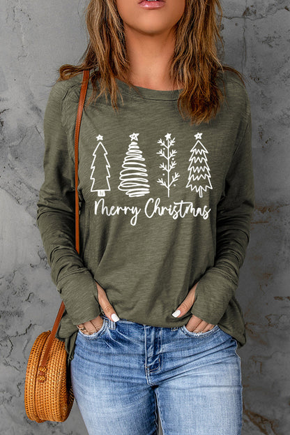 Thea Merry Christmas Trees Thumbhole Sleeve Graphic Tee  DAME BOHEME