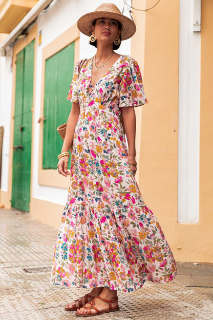 Red Floral Short Sleeve V Neck High Waist Maxi Dress