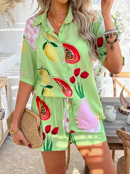 Devine Tropical Print Button-Down Shirt and Shorts Set Trendsi