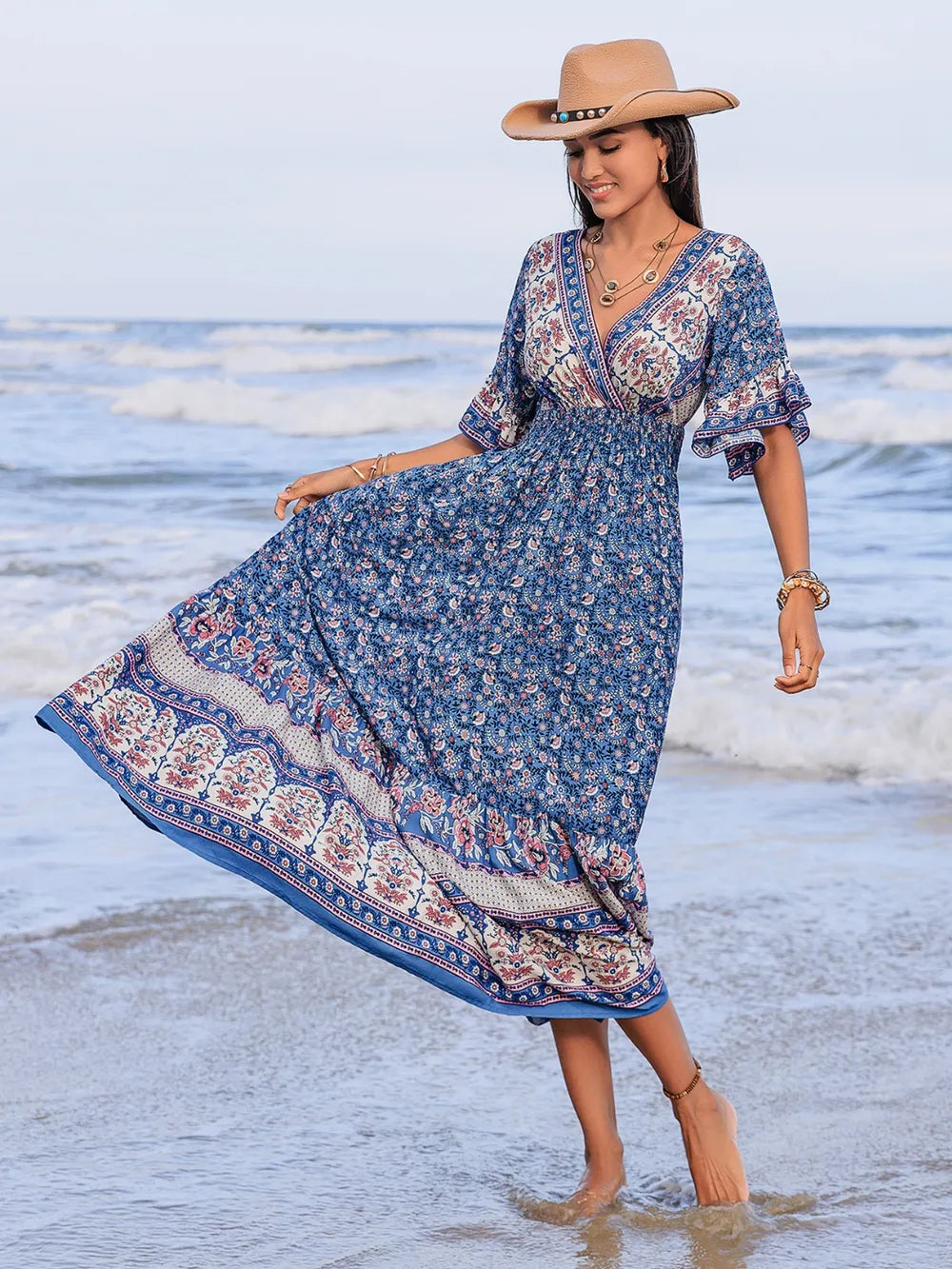 Bohemian Ruched Printed Flounce Sleeve Midi Dress Trendsi