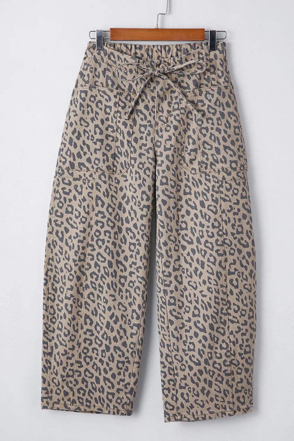 Leopard Printed Drawstring Waist Pocketed Wide Leg Jeans  DAME BOHEME