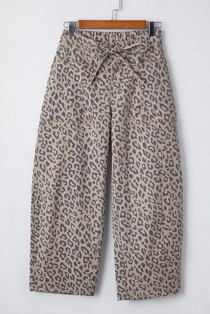 Leopard Printed Drawstring Waist Pocketed Wide Leg Jeans  DAME BOHEME