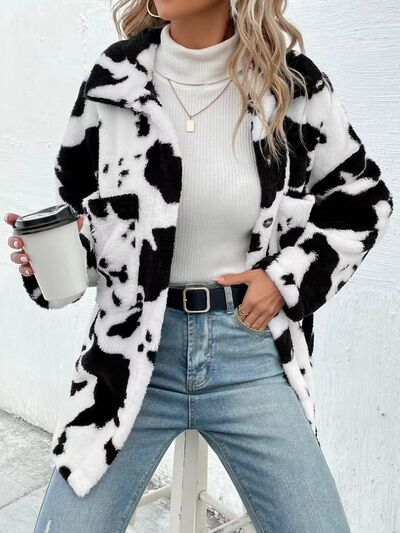 Cow Print Collared Neck Button Up  Jacket  DAME BOHEME