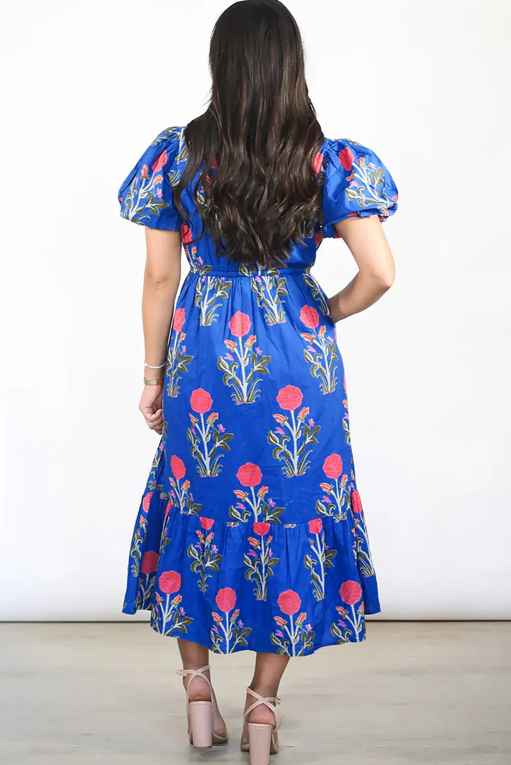 Floral Puff Short Sleeve High Waist Midi Dress Trendsi