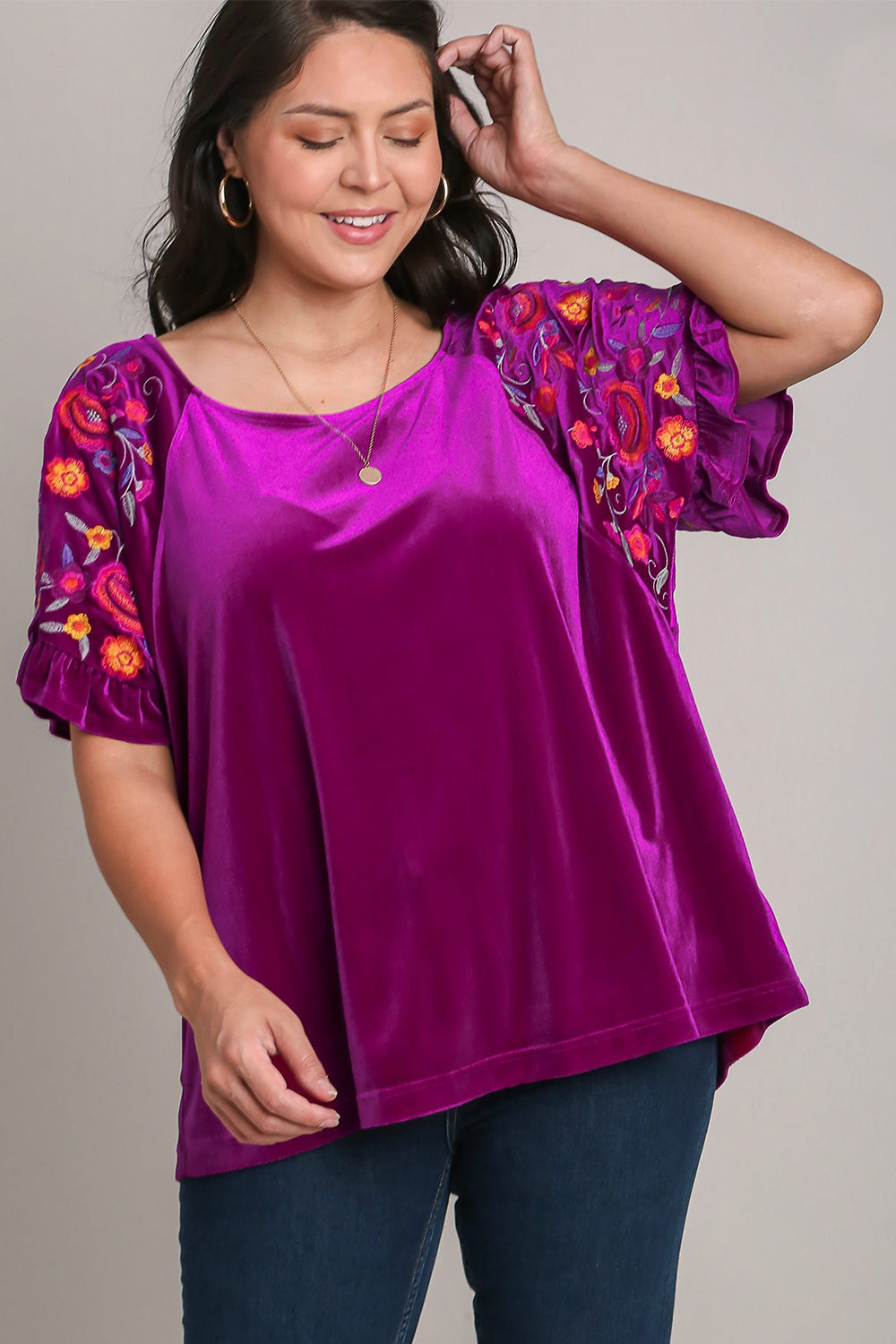 Umgee Full Size Velvet Embroidery Short Sleeve Blouse Trendsi