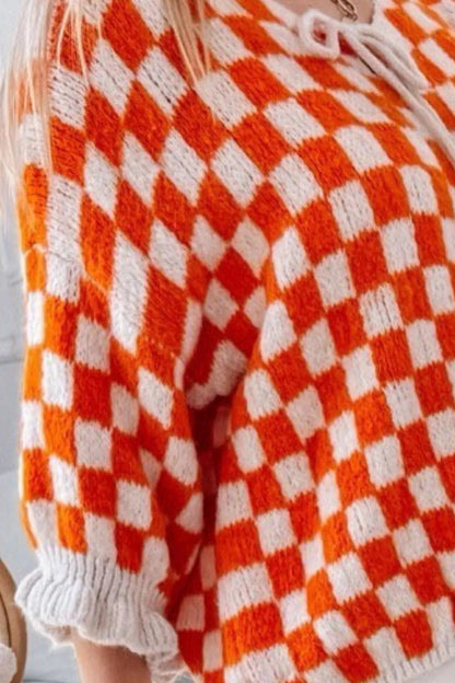 Double Take Tied Checkered Dropped Shoulder Flounce Sleeve Cardigan  DAME BOHEME