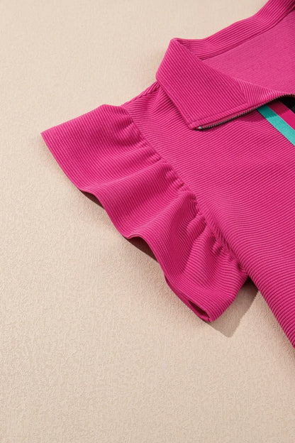 Striped Detail Flutter Sleeve Zipped Collar Top and Short Set  DAME BOHEME