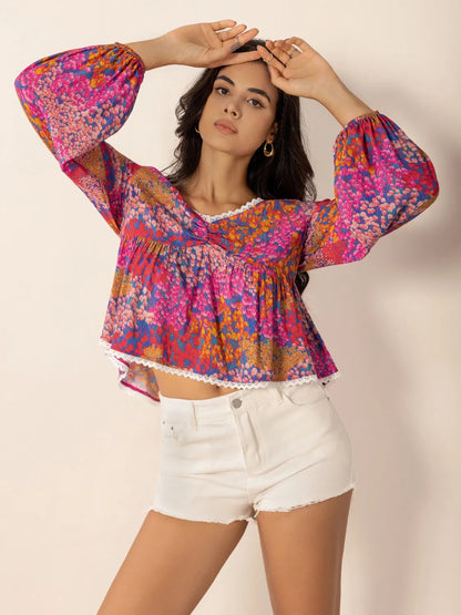 Lace Detail Printed Balloon Sleeve Crop Top Trendsi