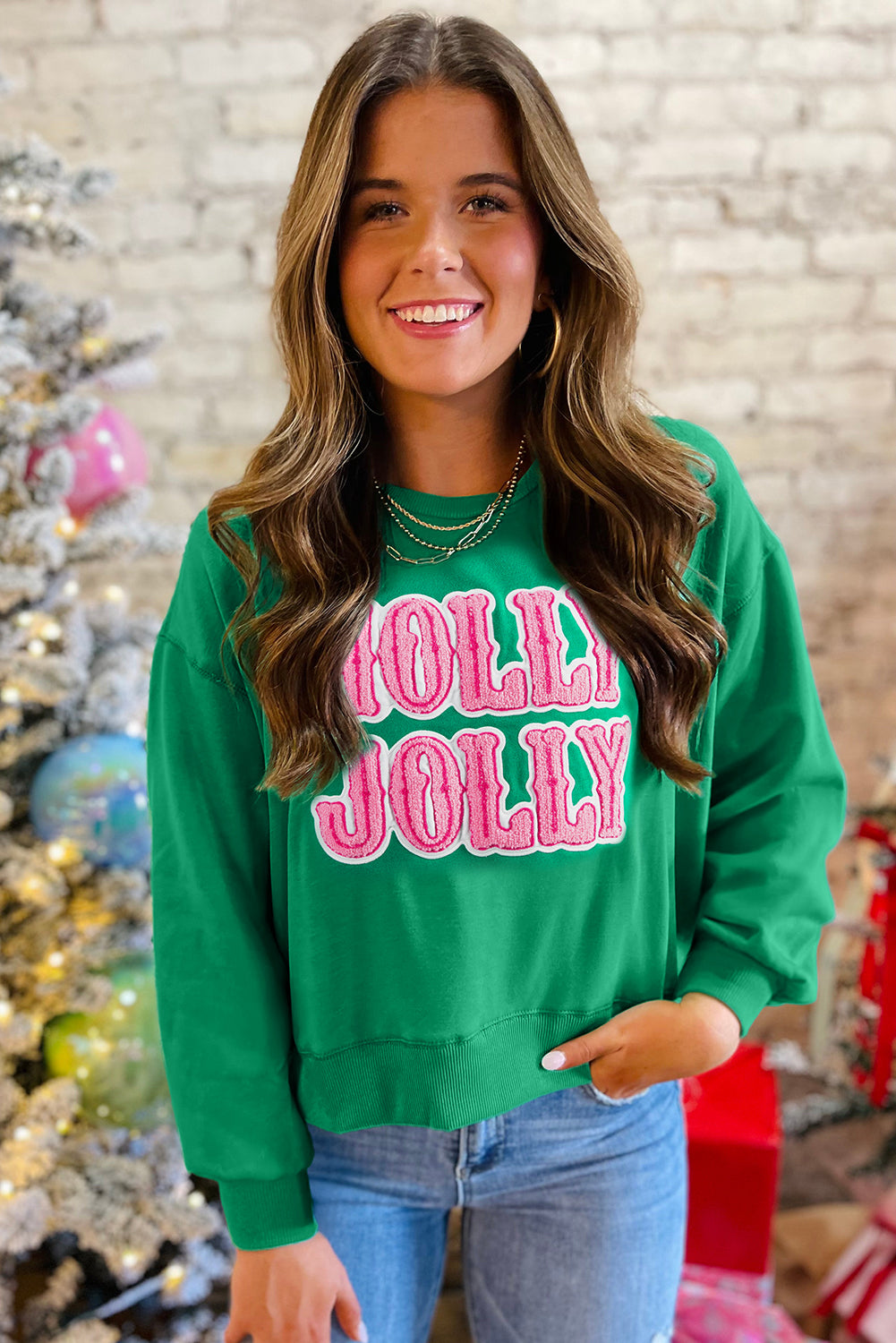 Sea Green HOLLY JOLLY Letter Christmas Holiday Sweatshirt  DAME BOHEME