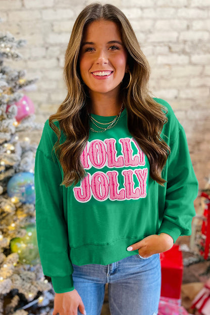 Sea Green HOLLY JOLLY Letter Christmas Holiday Sweatshirt  DAME BOHEME