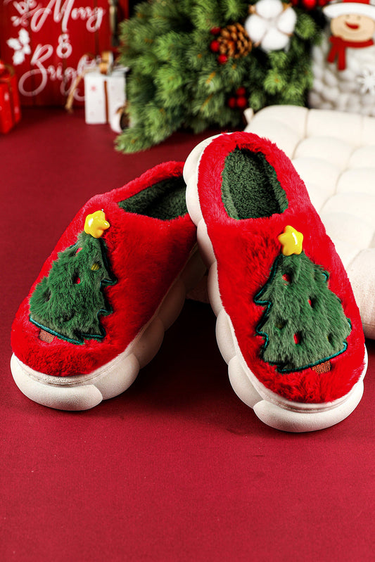 Fiery Red Christmas Tree Graphic Plush Slippers  DAME BOHEME