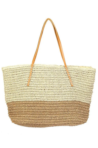 Fame Large Straw Braided Beach Tote Bag Trendsi