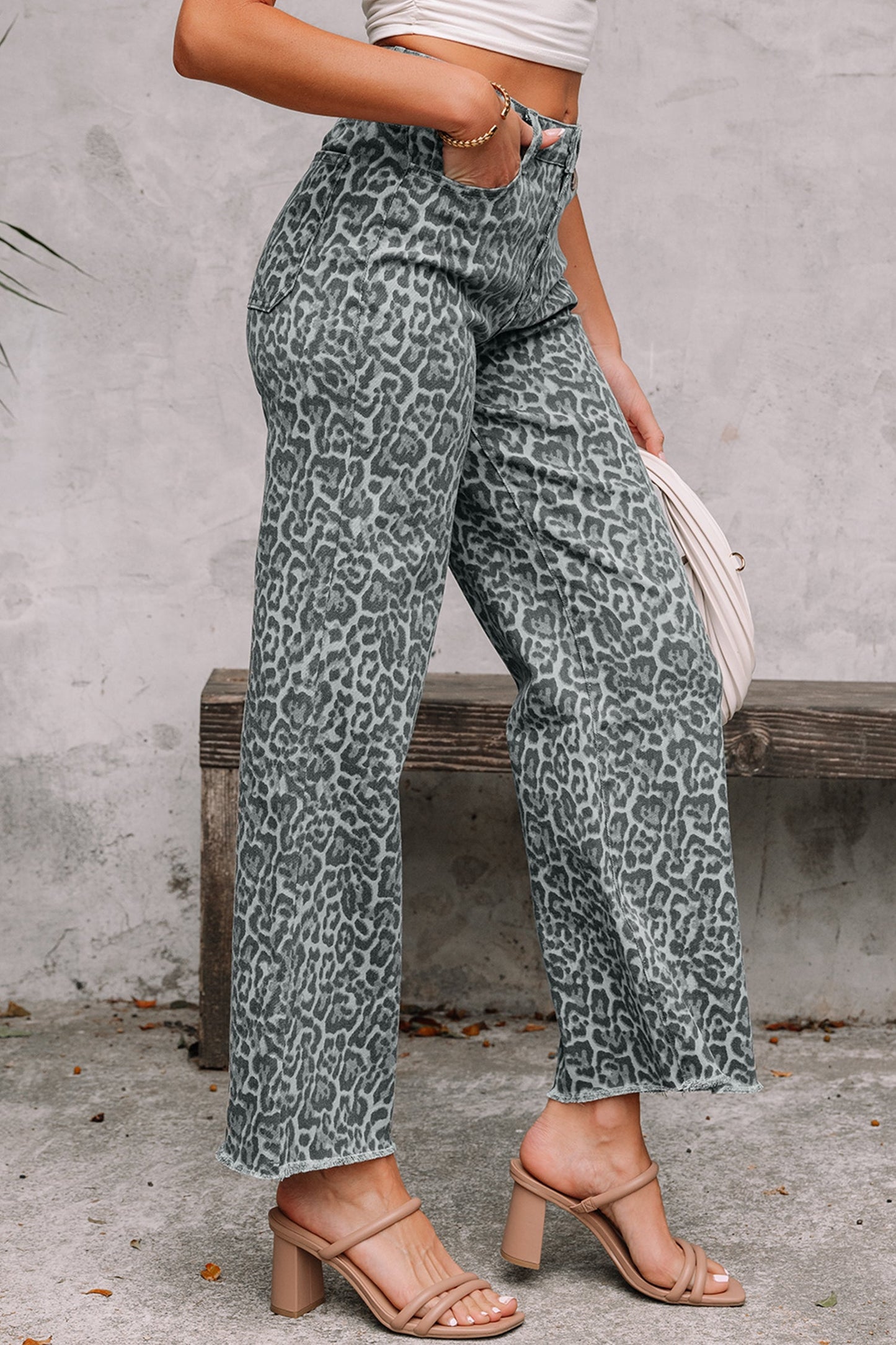 Gray Leopard Frayed Edge Wide Leg High Waist Jeans  DAME BOHEME