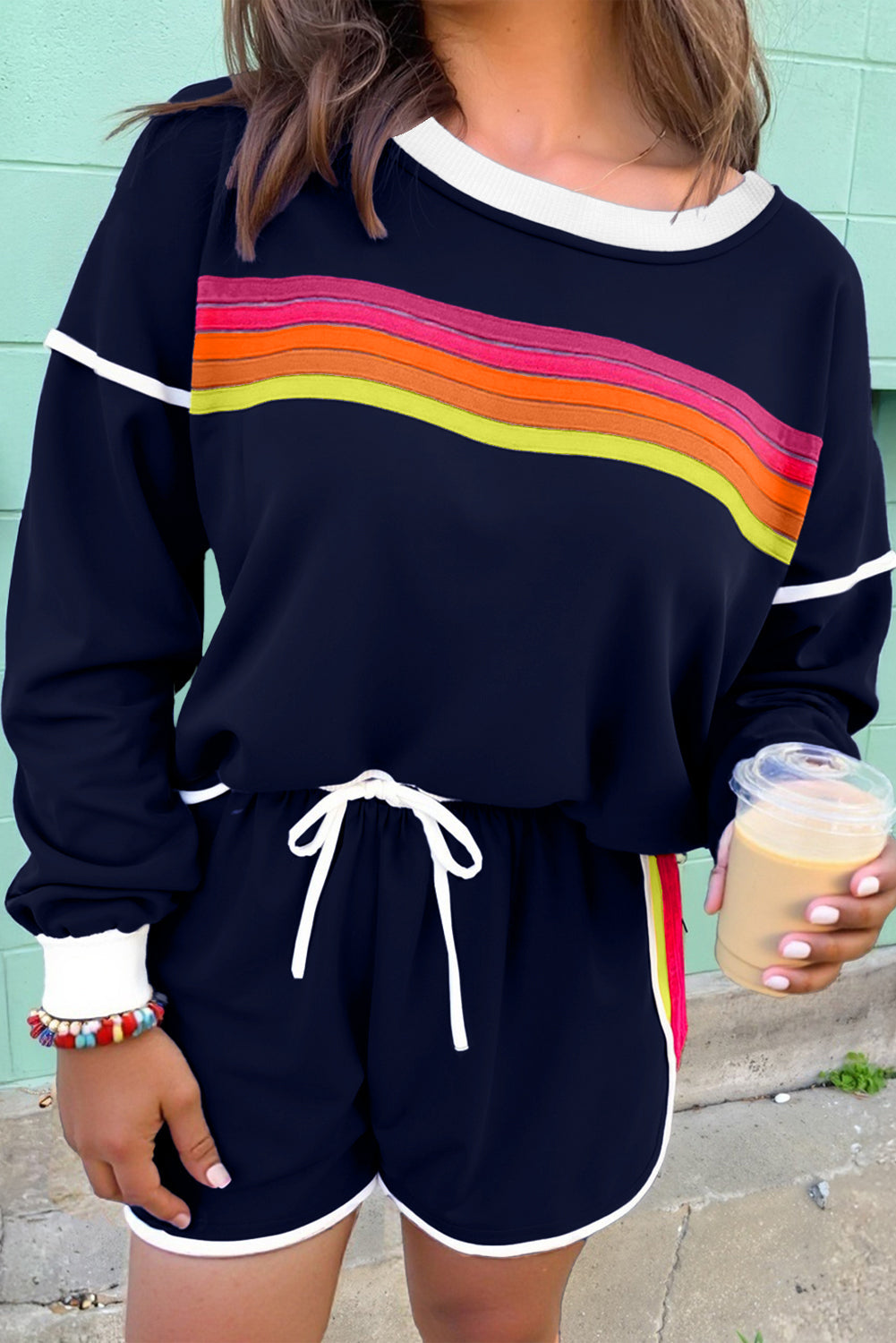Bluing Colorful Striped Long Sleeve Pullover and Shorts Matching Set  DAME BOHEME