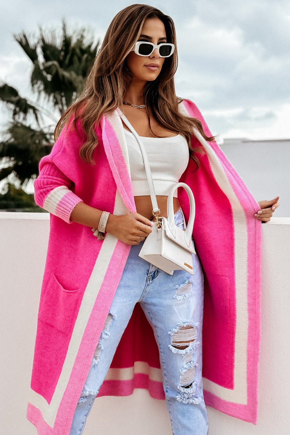 Contrast Dropped Shoulders Long Sleeve Hooded Cardigan