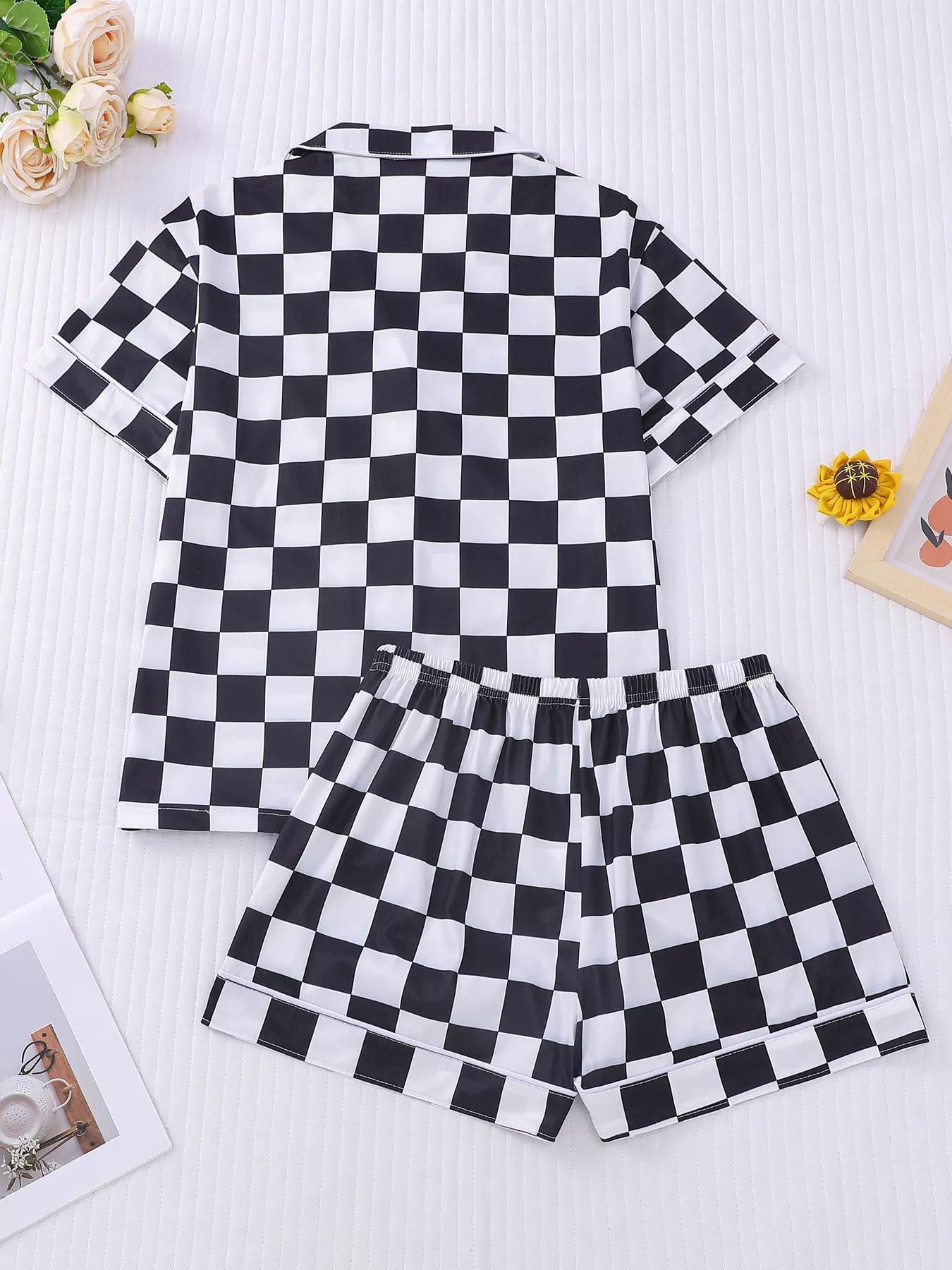Checkered Print Button Up Top and Shorts Lounge Set  DAME BOHEME
