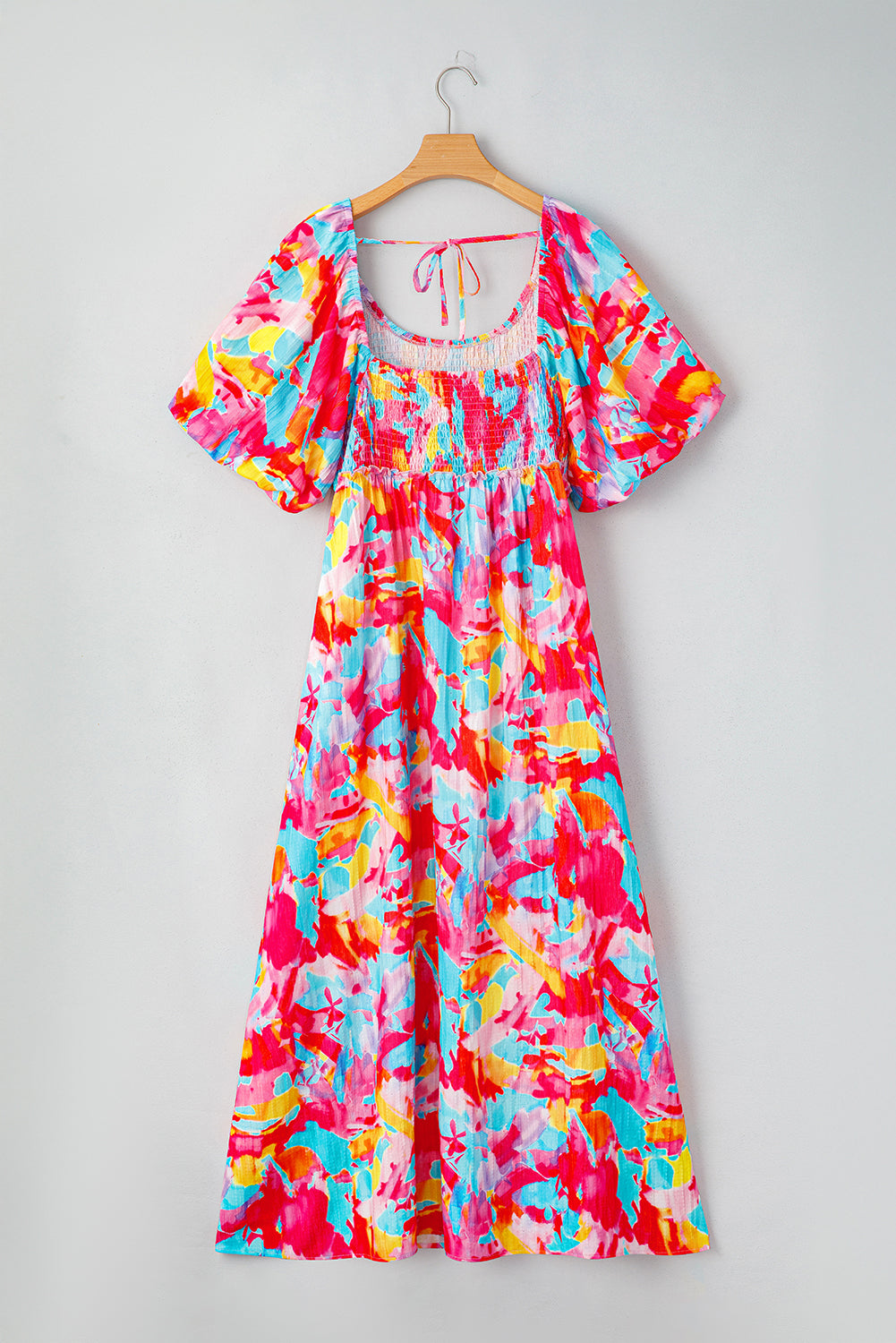 Rose Abstract Printed Puff Sleeve Square Neck Smocked Bust Tied Back Plus Size Dress