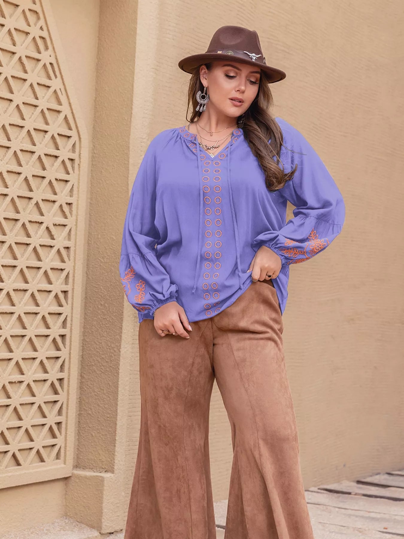 Plus Size Boho Embroidered Long Sleeve Blouse  DAME BOHEME