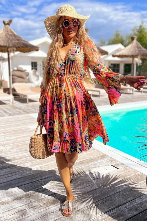 Printed Flare Sleeve Ruffled Hem Dress Trendsi