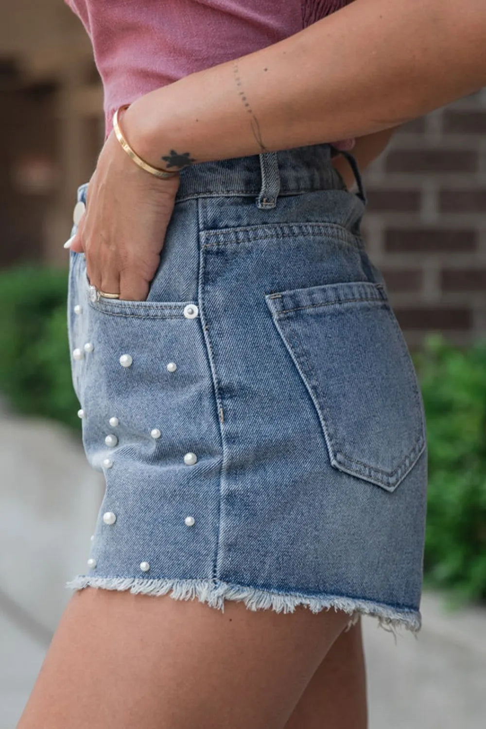 Pearl Beaded Raw Hem Wash Denim Shorts  DAME BOHEME