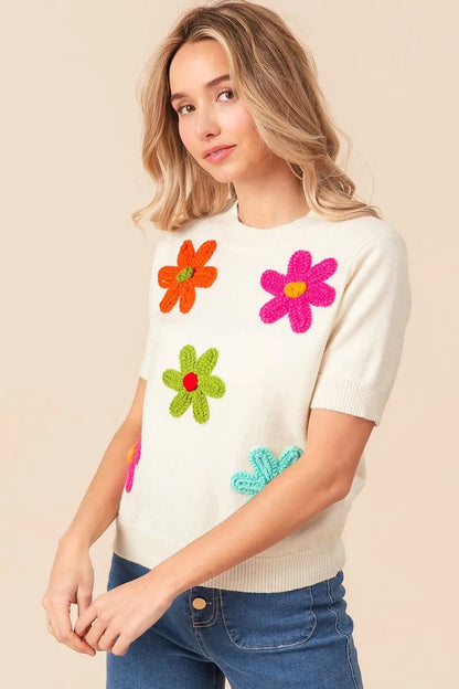 BiBi Crochet Flower Patch Sweater Top Trendsi