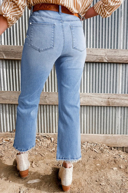 Mineral Wash Raw Hem High Waist Flared Jeans  DAME BOHEME