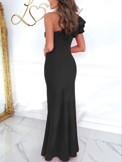 Cutout One Shoulder Ruffle Split Elegant Maxi Dress Trendsi