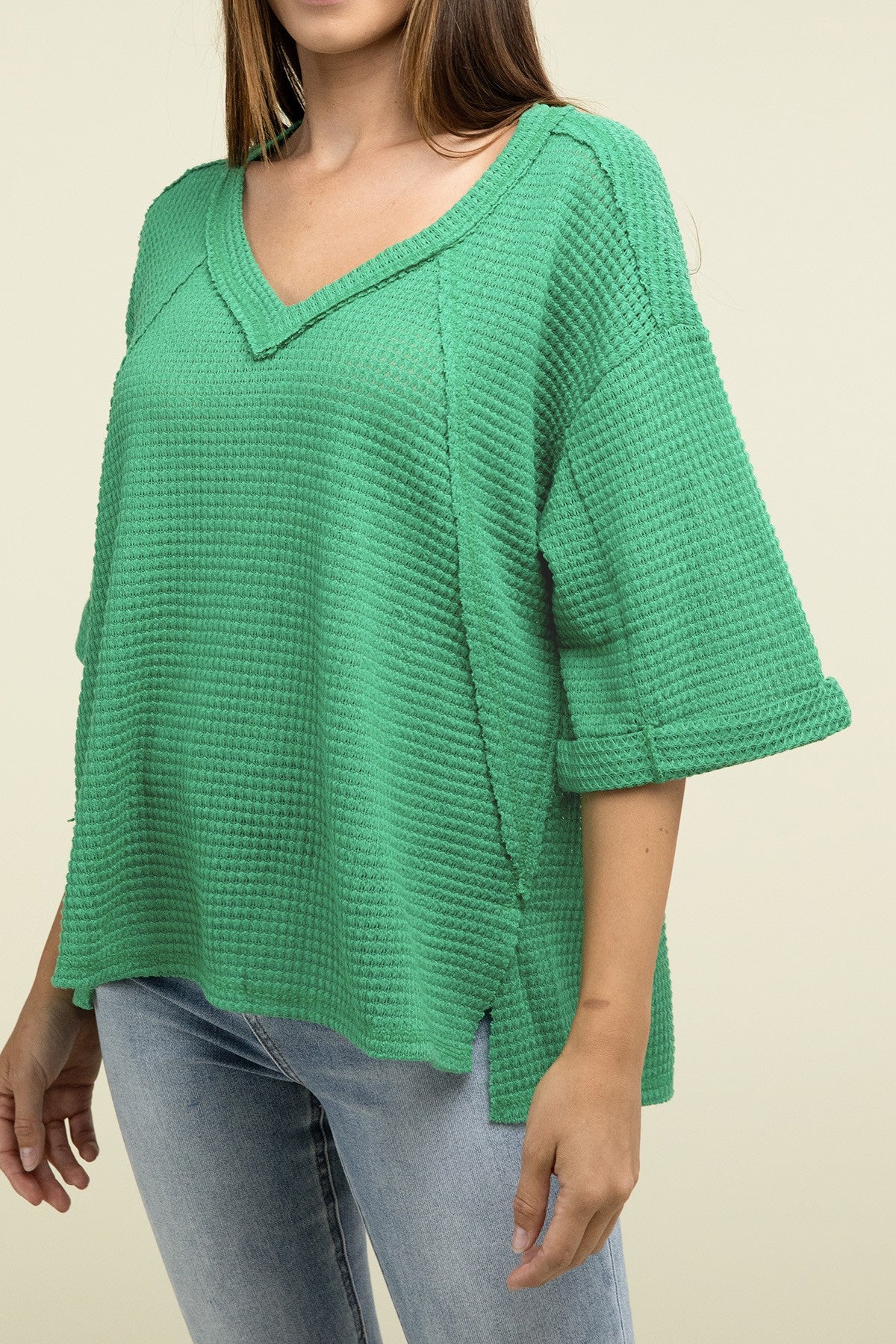 Brushed Waffle Exposed-Seam 3/4 Rolled Sleeve Top