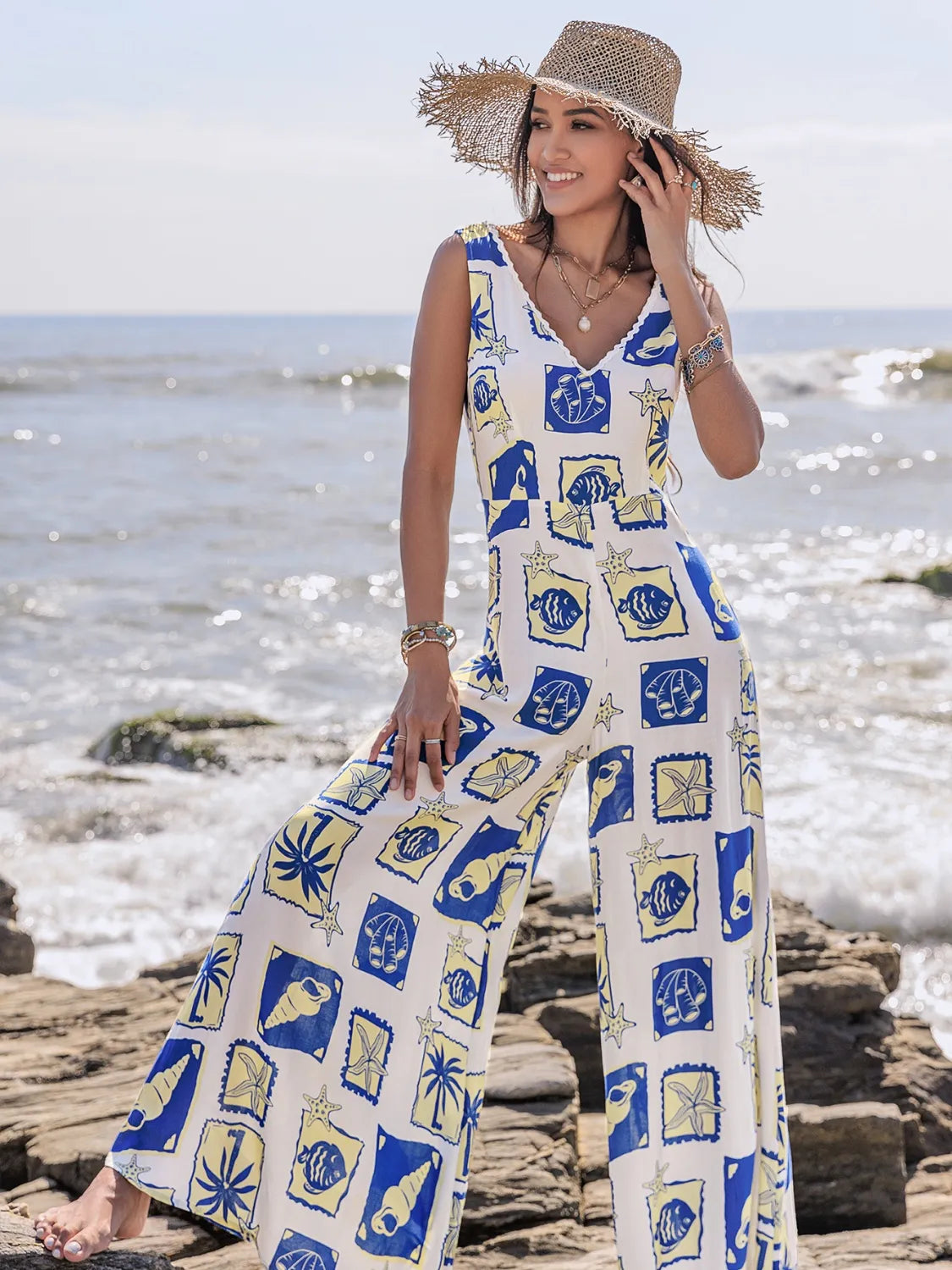 Printed V-Neck Wide Leg Jumpsuit Trendsi