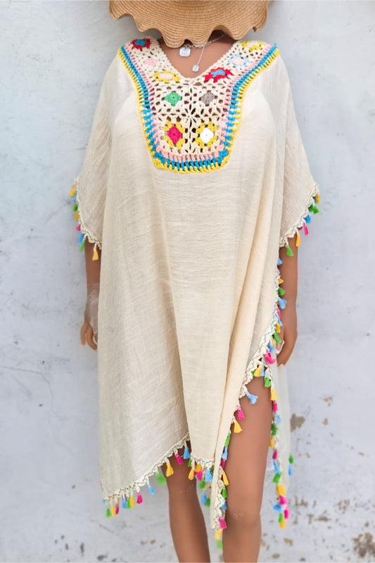 Tassel Detail Embroidery Kimono Dress Cover-up Trendsi
