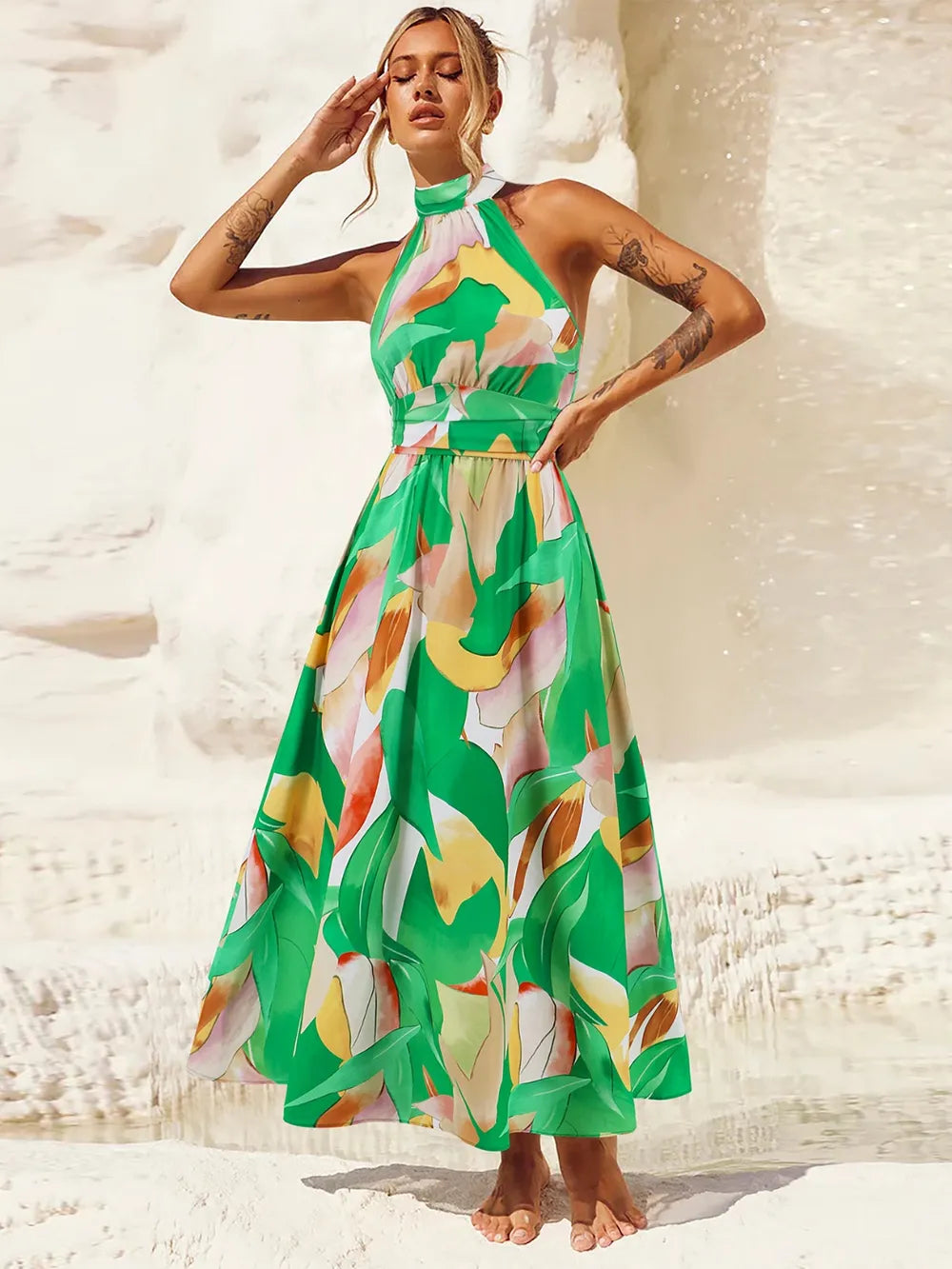 Ruched Printed Halter Neck Midi Dress Trendsi