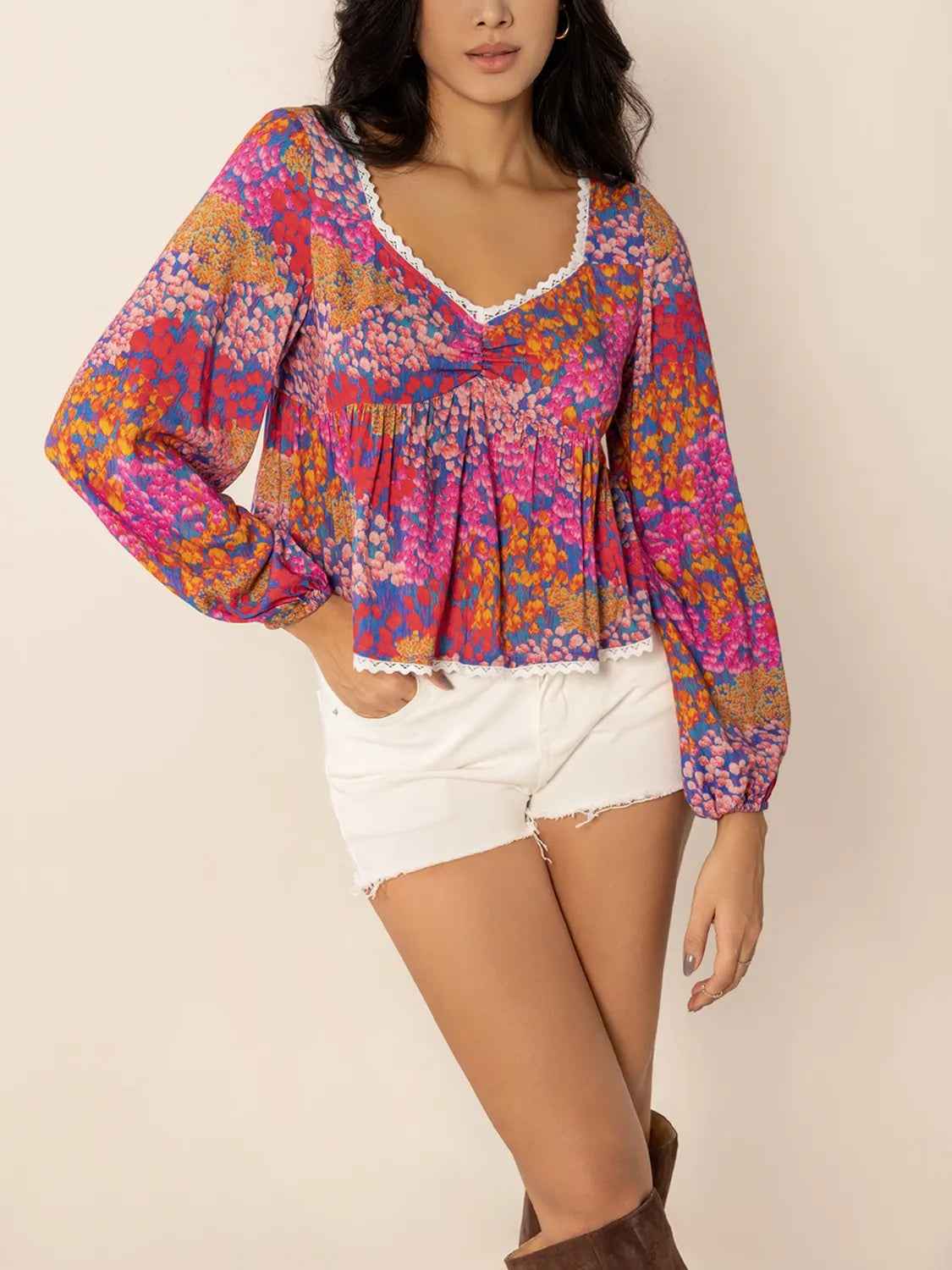 Lace Detail Printed Balloon Sleeve Crop Top Trendsi