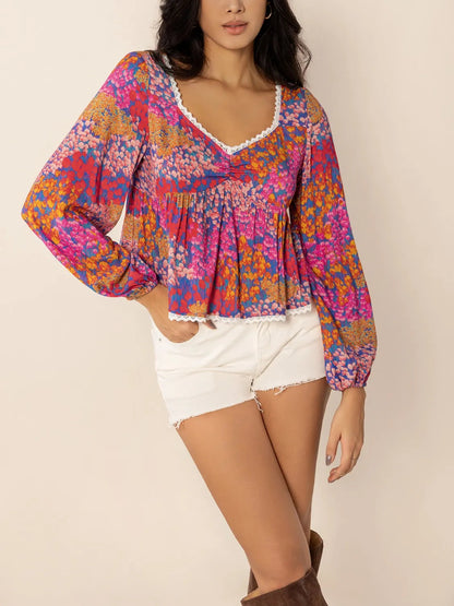 Lace Detail Printed Balloon Sleeve Crop Top Trendsi