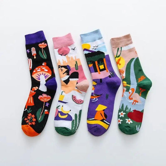 Fashion Colorful Print Socks Women Mushroom Spring Woman Socks Cotton Socks For Women Cotton Men's and Women's Printed Funky Socks - Unisex Mid Crew Length Breathable Pure Cotton Super Soft Quirky Prints Socks  DAME BOHEME