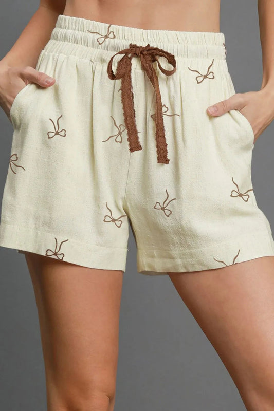 Bow Print Lace Drawstring Casual Shorts Simply Love