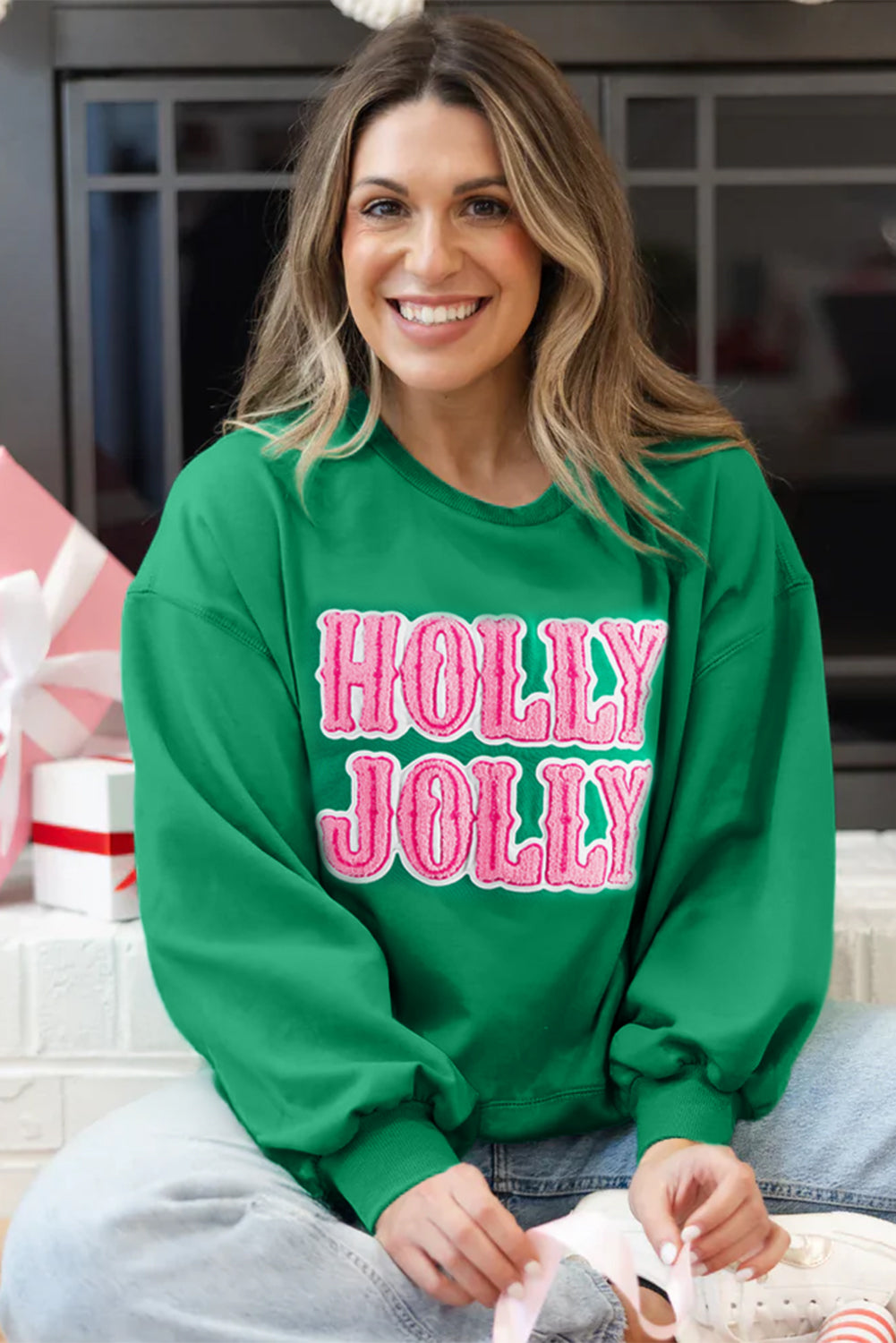 Sea Green HOLLY JOLLY Letter Christmas Holiday Sweatshirt  DAME BOHEME