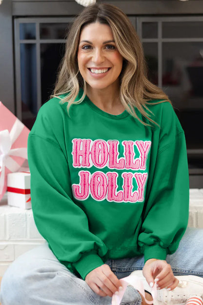 Sea Green HOLLY JOLLY Letter Christmas Holiday Sweatshirt  DAME BOHEME