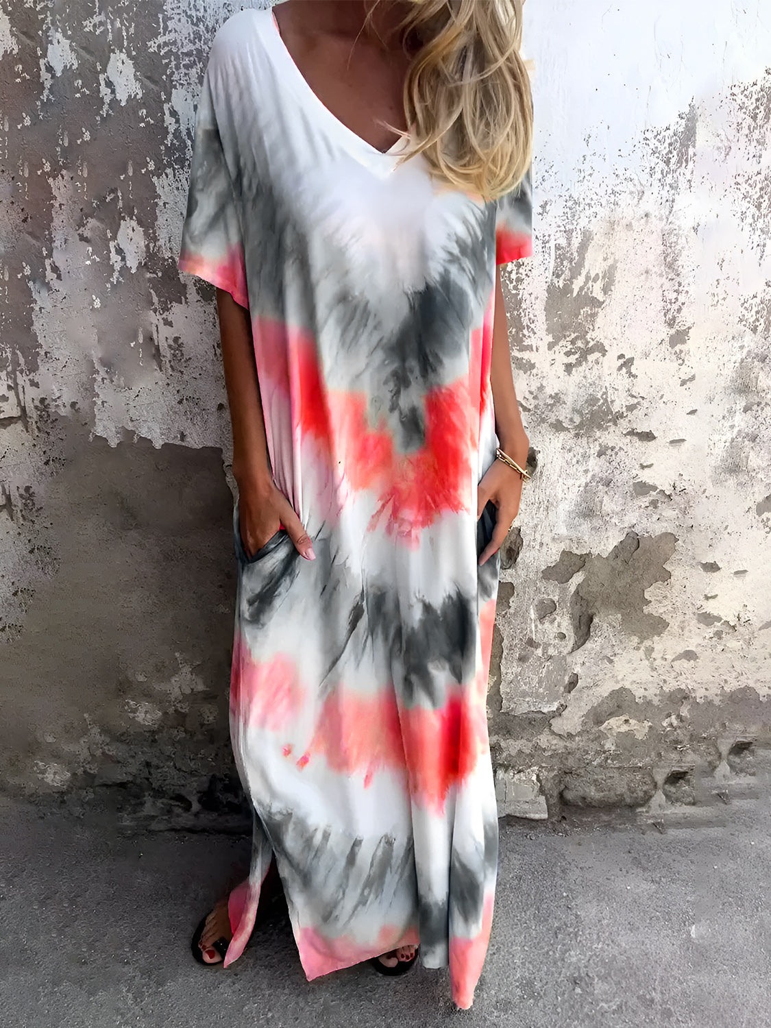 Full Size Pocketed Tie-Dye Short Sleeve Maxi Dress Trendsi