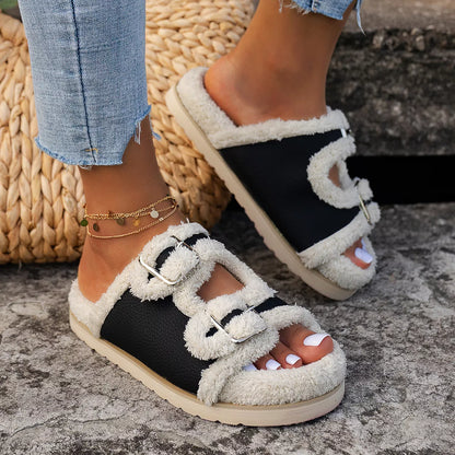 Buckle Decor Plush Lined Platform Slippers  DAME BOHEME