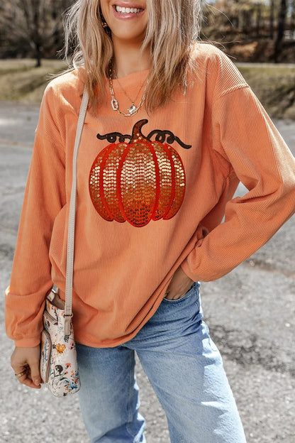 Sequin Pumpkin Round Neck Long Sleeve Sweatshirt  DAME BOHEME